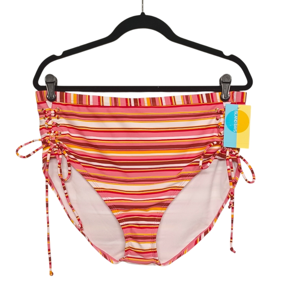 ISLAND RAYS Bikini Bottoms 3X Swim Pink White Yellow Stripe Print Lace Up NWT